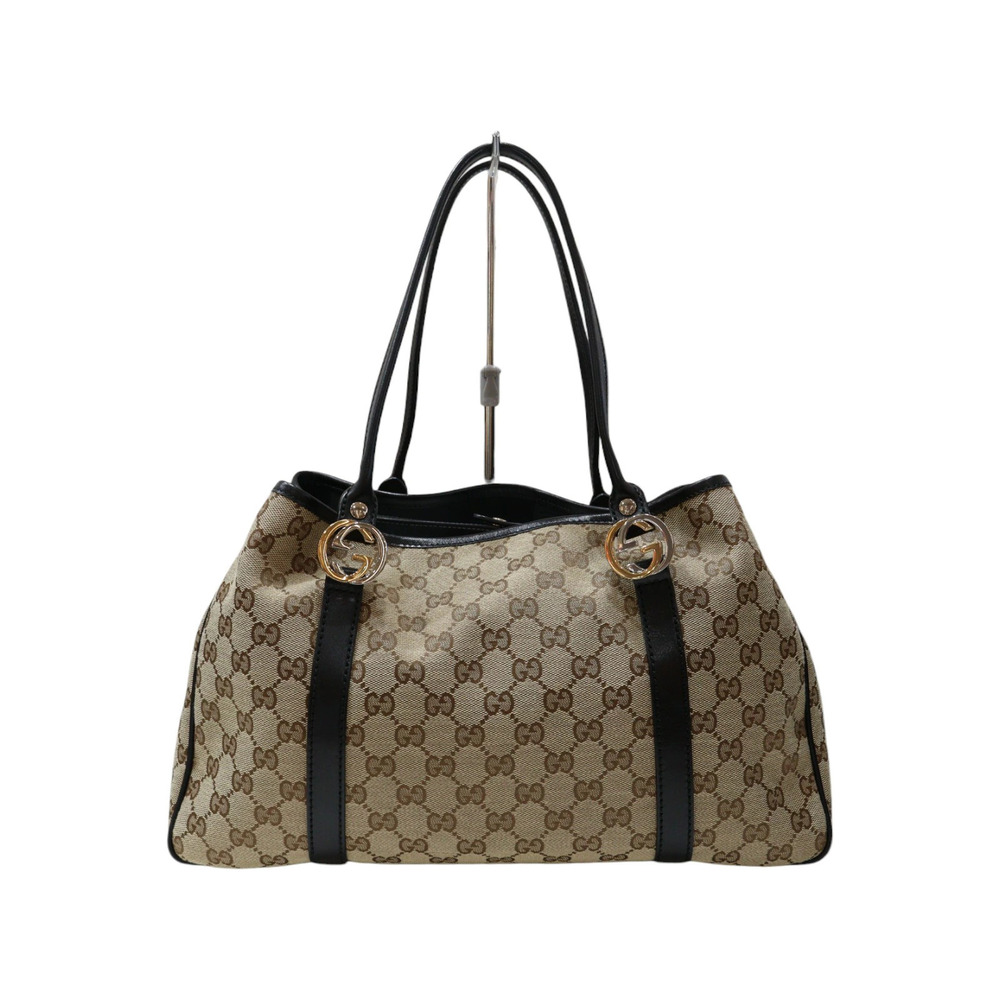 Gucci Bag Tote Twins GG Black Leather Canvas Brown Silver Shoulder